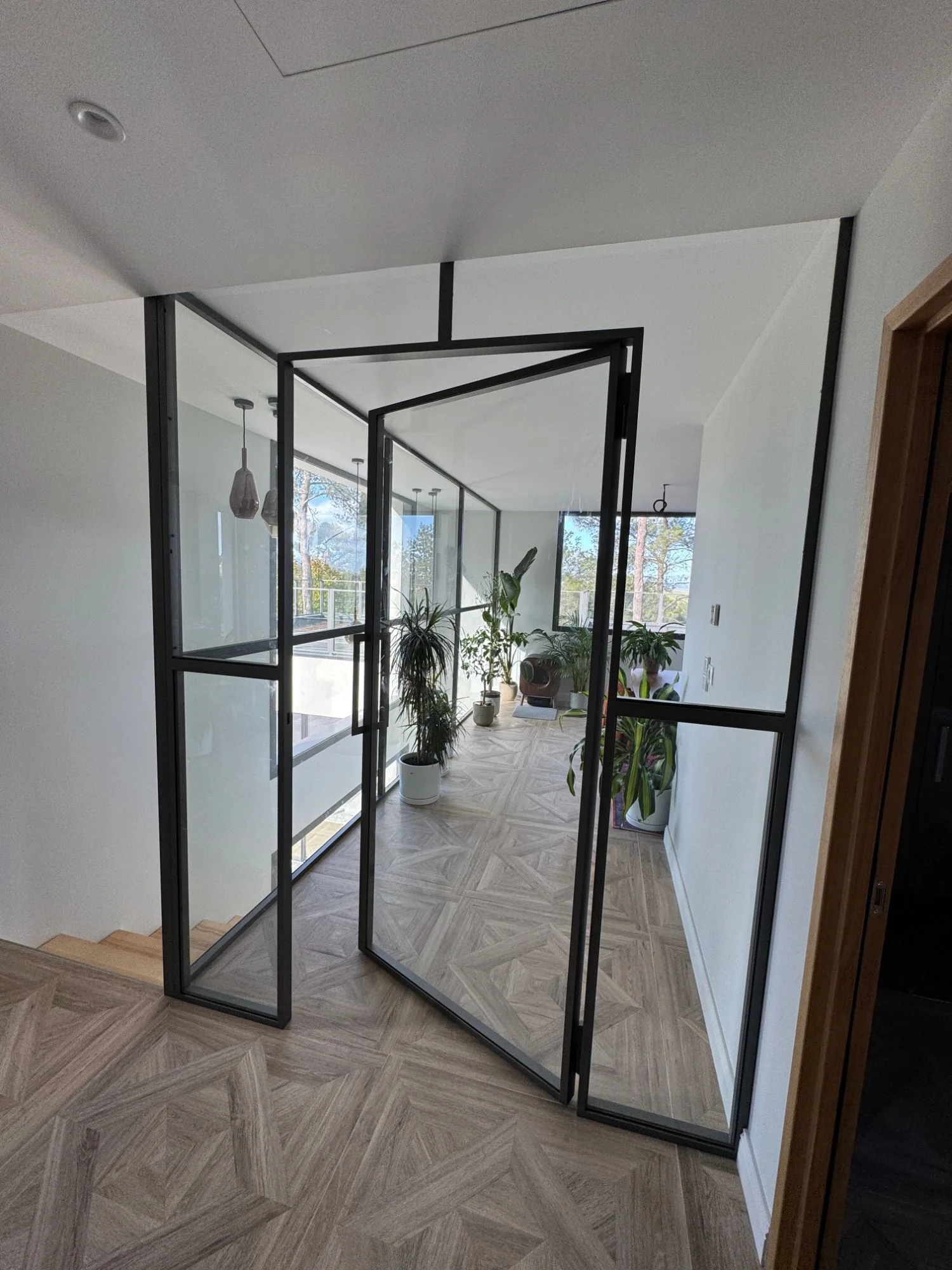 Verrière intérieure en profilés acier JANSEN avec porte entièrement vitrée, espace bureau d'une villa d'architecte, Montferrier-sur-Lez